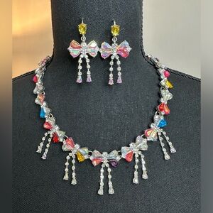 Authentic Betsey Johnson Crystal Bow Rhinestone Necklace & Earrings - N w/o T